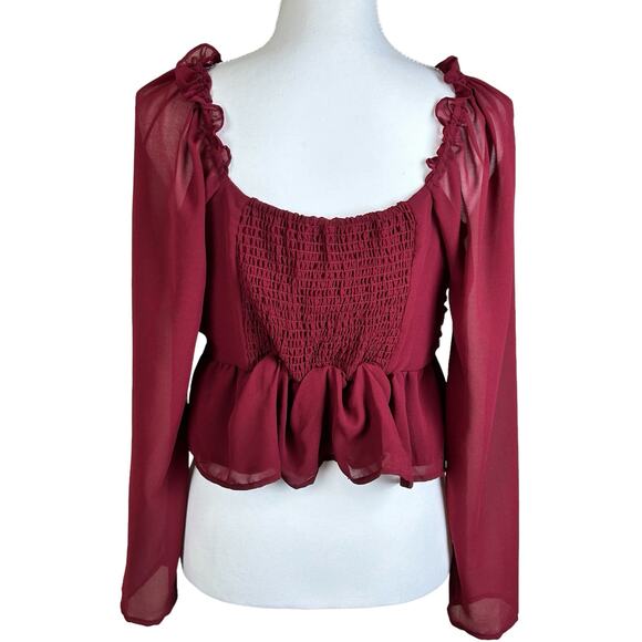 Vigoss Ruffle Chiffon Top Size Large Cherry Red Peplum Rushing Smocked Sheer - Picture 5 of 12